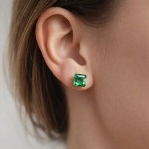 Square Cut Simulated Emerald Stud Earrings Princess Elegant May Vibrant Spring